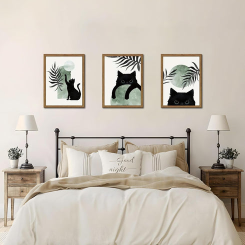 Set 3, 12x16In Framed Sage Green Cat Wall Art of Natural OAK Wood Frame Boho Cute Black Cat Wall Decor Paintings