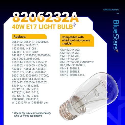 BlueStars 8206232A Microwave Oven Light Bulb, 40W 125V E17 Base, 3 Packs, Compatible with Whirlpool