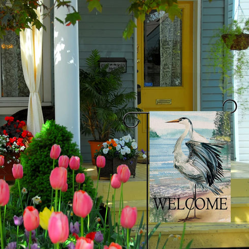 Welcome Spring Summer Seabird Coastal Beach Small Decorative Garden Flag - Blue Heron Yard Bird 12x18