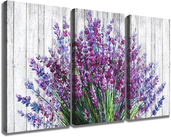 Purple Lavender Wall Art, Rustic Flower Bathroom Decor, Vintage Farmhouse Floral Posters, 12x16" 3 Piece