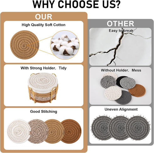 8 Set OIAHOMY Pcs Coasters with Holder for Beer, Coffee, Woven Cotton Coaster for Table Decor for Kitchen, Bar, Dining