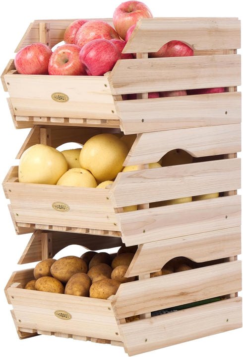 Wood Potato Onion Storage Bins, Stackable Wooden Produce Basket for Kitchen Pantry Organization, Set of 3 Pieces