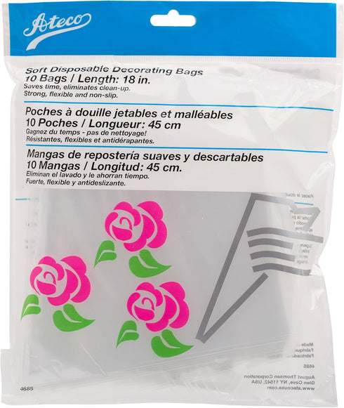 Ateco 4685 Soft Disposable Decorating Bags, 18-Inch, Pack of 10, Clear, Made in USA