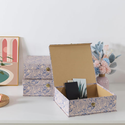 Soul & Lane Blue and White Floral Cardboard Decorative Storage Boxes with Gold Hardware - Set of 3, Aviary Garden for