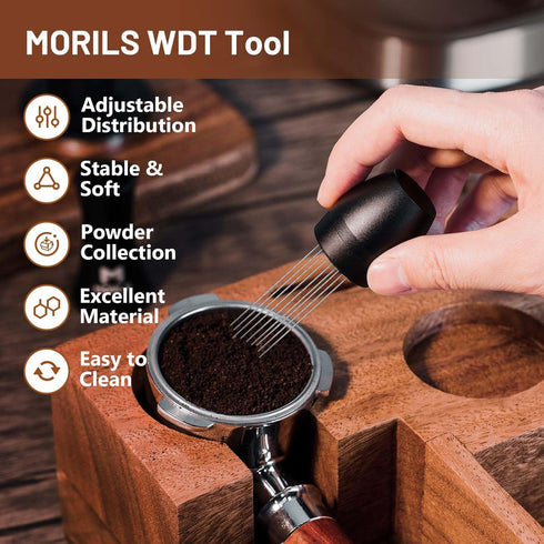 WDT Espresso Tool, MORILS Espresso WDT Tools with 0.4mm 9 Thick Spring Needles & Extra 9 Needles, Espresso Distribution Tool, Metal Handle with Stand for Barista, Espresso Accessories, Black