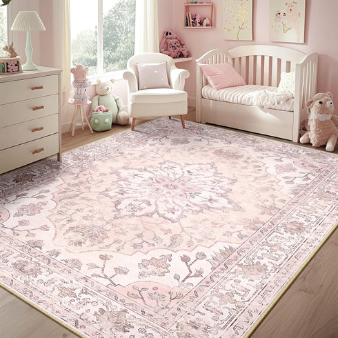 RELEANY Area Rugs 5'x7' Washable Non-Slip, Floral Vintage Distress Print Pattern Medallion