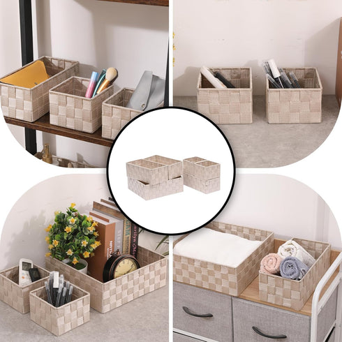 Drawer Organizer Bins Woven Storage Stackable Box Set of 6 for Organizing Drawers Shelves Cabinets (Beige)