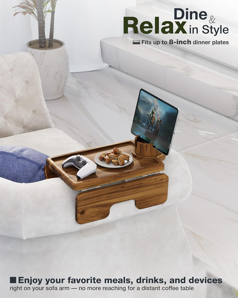 2-in-1 360 SS304 BLUEWEST Couch Cup Holder Tray & Sofa Arm Tray Large Acacia Wood Clip-On Side Table with Cup Holder on