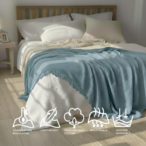 KyraHome 100% 90"x90" Organic Cotton Muslin Blankets, Queen, Pre-Washed, Breathable Lightweight Gauze Cotton Blanket