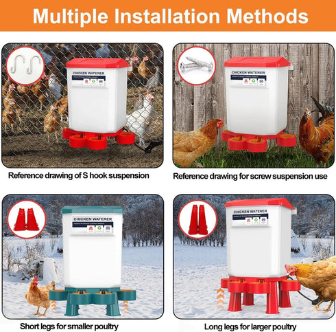 2 Summer Hanging Heated Chicken Waterer, Gallon Plastic Chicken Water Heater Heated Poultry Drinker, Detachable Legs