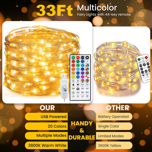 33ft 100LEDs 20 Fairy Lights USB Plug in with Remote, Warm White Color Changing Light Twinkle Firefly String Lights