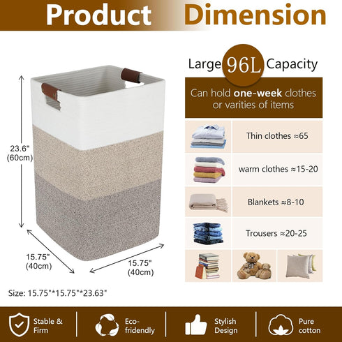 Extra Large Laundry Hamper 96L, Cotton Woven Storage Basket with Handles for Living Room, Gradient Grey