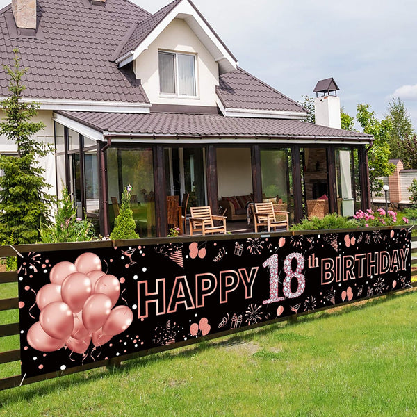 Pimvimcim 18th Birthday Decorations for Girls - Happy 18th Birthday Banner in Rose Gold and Black, Party Supplies
