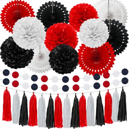 WILLBOND 29 Pcs Red and Black Decorations, Mouse Paper Decoration Fan Pom Pom for Graduation Birthday
