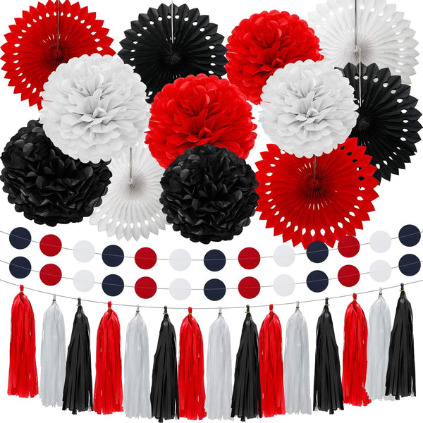 WILLBOND 29 Pcs Red and Black Decorations, Mouse Paper Decoration Fan Pom Pom for Graduation Birthday