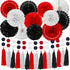 WILLBOND 29 Pcs Red and Black Decorations, Mouse Paper Decoration Fan Pom Pom for Graduation Birthday