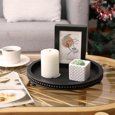 12", Bamboo Land- Round Decorative Trays for Coffee Table, Black, Wood Tripod & Beaded Design, Wooden Round Tray