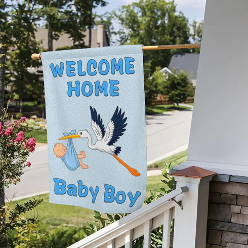 Welcome Home Baby Boy Garden Flag, 12x18 Inch Double Sided It's a Boy Stork Yard Sign Decorations