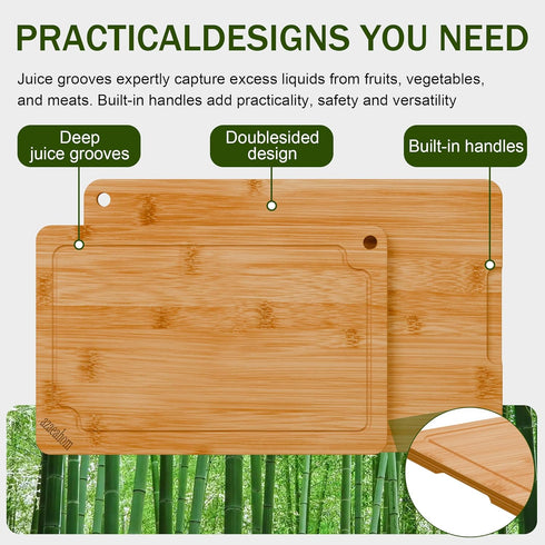 4-Piece Set Bamboo Cutting Boards for Kitchen, Wood Cutting Board with Juice Grooves & Built-in Handles, Easy Storage