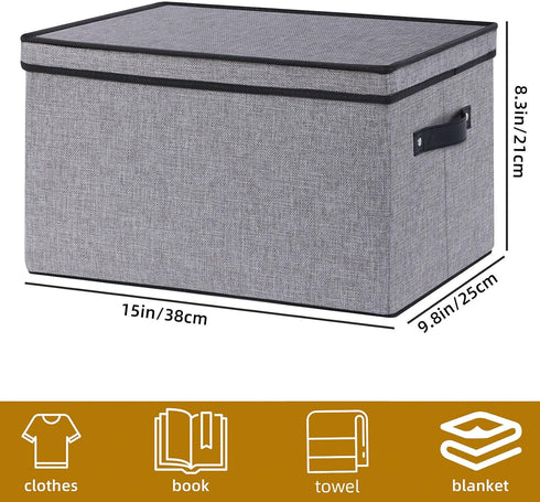 Fabric Storage Boxes, Medium Gray, 3 Pack, 15 x 9.8 x 8.3 Inch Baskets with Lids, Handles, Decorative Linen Organizers