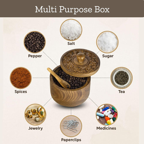 Pinch Mie Creations Rustic Salt Box Cellar with Hand Carved Lid & Spoon, Wooden Salt Bowls | Wood Salt Pepper Keeper