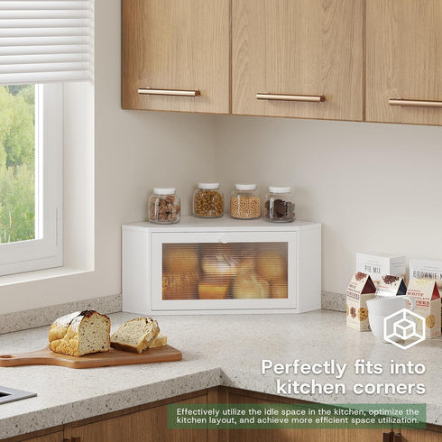 kiplant Countertop Corner Bread Box for Kitchen - Bamboo Wood, Wavy Acrylic Door, Bread Storage Container, Large Bread