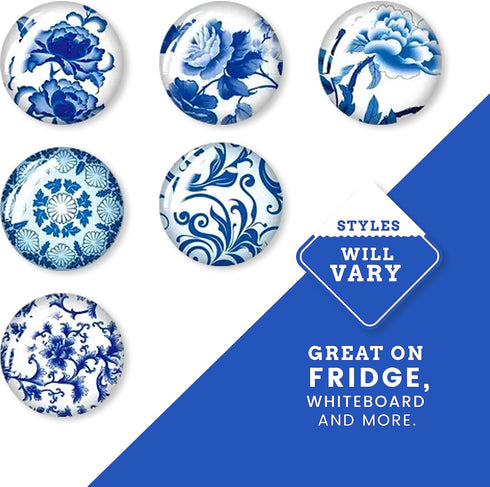 Jolitee Blue and White Chinoiserie Glass Magnets, Strong Decorative Kitchen Refrigerator Magnets, Cute Fridge Magnet
