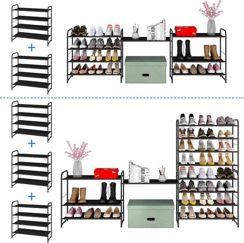 4-Tier Simple Trending Stackable Shoe Rack, Expandable & Adjustable Fabric Shoe Shelf Storage Organizer, Black