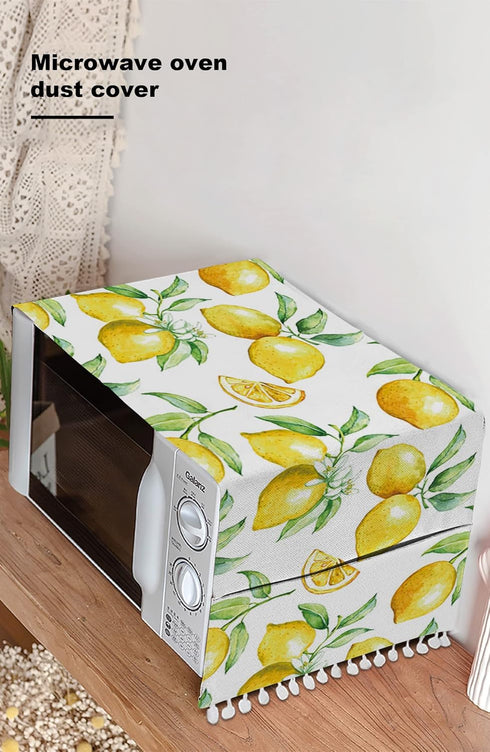Microwave Oven Dust Cover, Yellow Lemon Watercolor Fruits Anti-Slip Cover with Storage Pockets, 12" X 35"