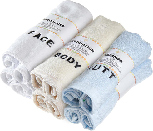 6-Piece Set 3 12x12 Inch Crafty Cloth Washcloth Distinct Textures for Face, Body, & Sensitive Areas Embroidered