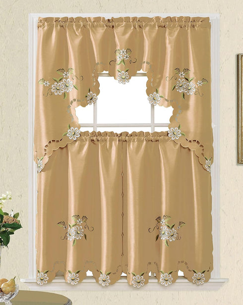 GOHD Cutwork Floral. Kitchen Curtain Set. Swag Valance and Tier Set. Nice Embroidery on Faux Silk Fabric with cutworks. (Bronze) by GOHD GOLDEN OCEAN HOME DECOR