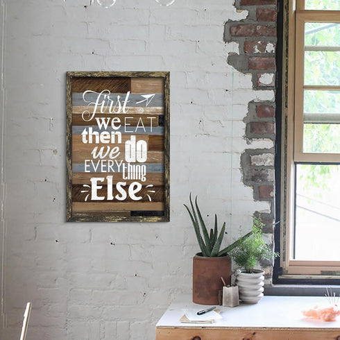 Kitchen Quote Wooden Wall Art: Framed Inspirational Bless Picture First We Eat Then We Do Every Thing Else Painting
