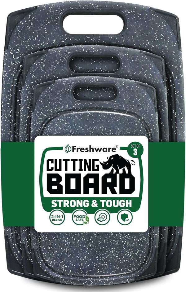 Plastic Cutting Boards Set of 3 for Kitchen, Juice Grooves, Easy Grip Handle, BPA-Free, Non-Porous, Dishwasher Safe