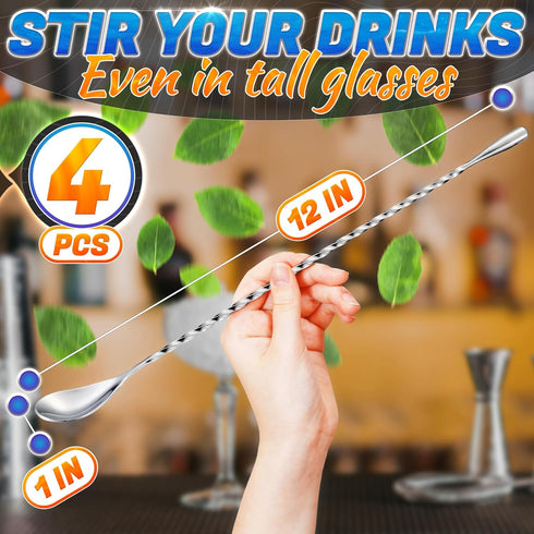 4 Pcs Bar Spoon Cocktail Stirrers, 12'' Long Stainless Steel Spoons for Stirring, Easy to Clean, Professional & Home Use