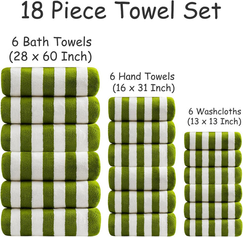 18 Set Loop-6 Towels,6 Towels,6 Set Pcs Green Stripe Bath Towel with Hanging Bath Hand Washcloths Soft Family Towels