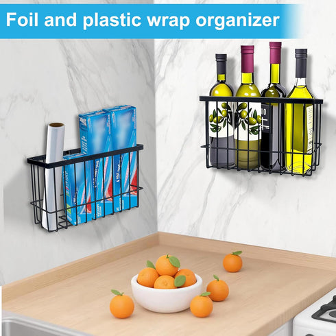 FHJP 2 Pack, 2 Cabinet Door Organizer Basket Foil and Plastic Wrap Organizer with Sponges, Lid Organizers Inside