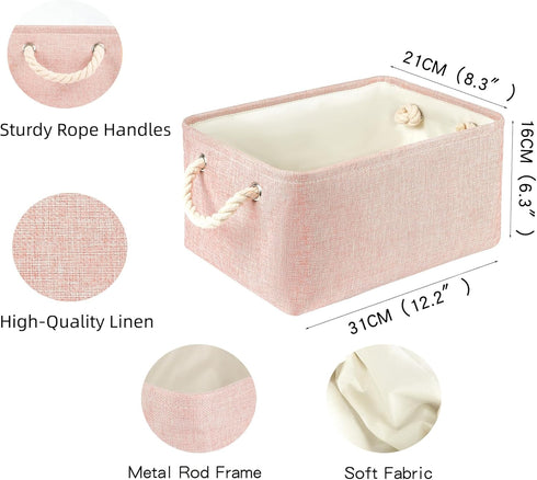 Storage Bins with Sturdy Cotton Handles (1 Pack), Fabric Baskets for Organizing Office & Home (Small, Pink)