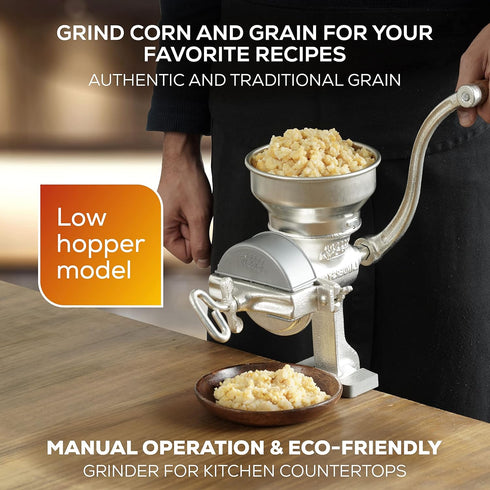 Corona Corn Grinder with Low Hopper, Manual Grain Mill for Corn, Rice, Cast Iron