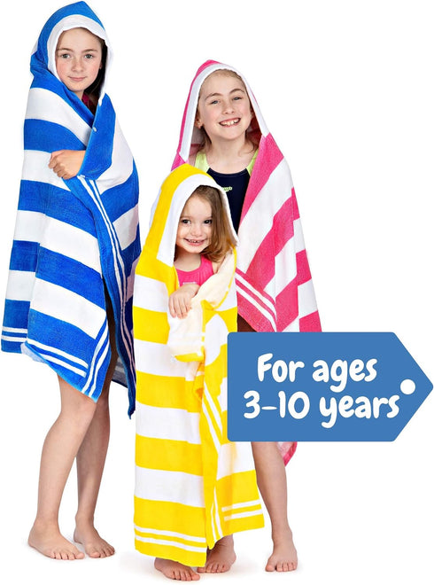 3-10 30"x50" 100% Premium Large Hooded Beach Towel for Kids Aged | Drawstring Carry Bag Included | Size | Classic