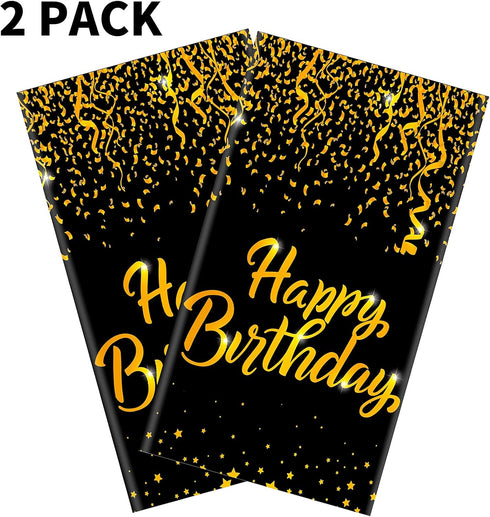 Aneco 2 Pack Black Gold Happy Birthday Tablecloths - Party Table Covers for Decorations (108 x 54 Inches)