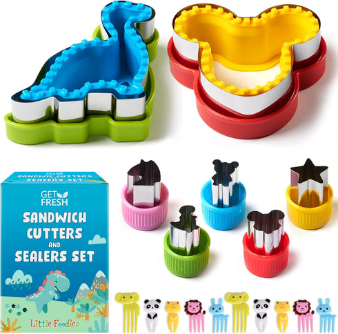 GET FRESH 17-pcs Sandwich Cutters and Sealers for Kids - Stainless Steel Dino Mouse Metal Sealers and Veggie Cutters