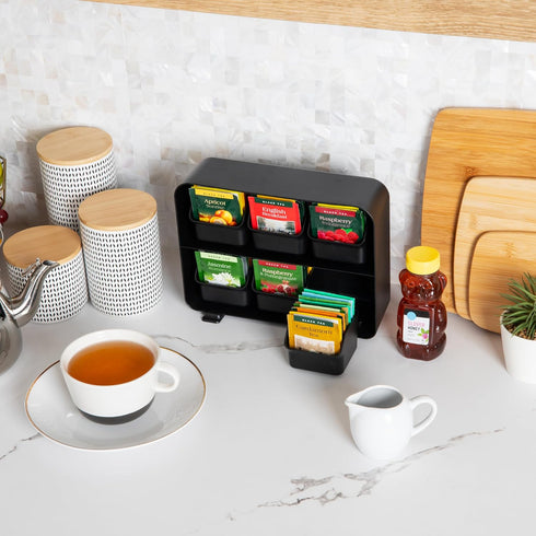 Mind Reader Tea Bag Organizer, Countertop Storage for Kitchen, Plastic, 10.25"L x 3.25"W x 7.75"H - Black