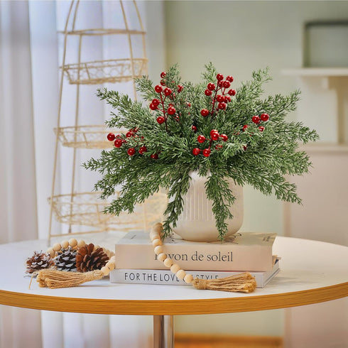 ComfyKit 45Pcs Artificial Pine Branches with Red Berry Stems,Christmas Faux Green Cedar Sprigs Branches,Fake Greenery