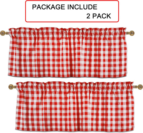 Buffalo Red and White Check Kitchen Window Valance - 2 Pack Half Short Gingham Plaid Home Decor Curtain