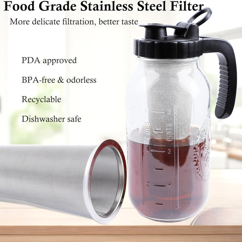 Cold Brew Coffee Maker Pitcher, 2 Quart Glass Mason Jar with Spout Lid Filter, Heavy Duty Handle, Airtight & Leak-Proof