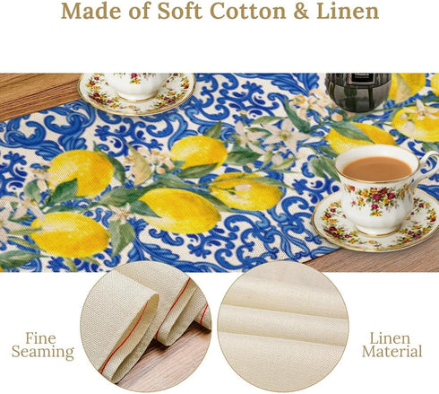 UEQIKI Summer 13x72 Inch Blue Tiles Lemon Table Runner for Home Party Decorations Seasonal Washable Kitchen Dining