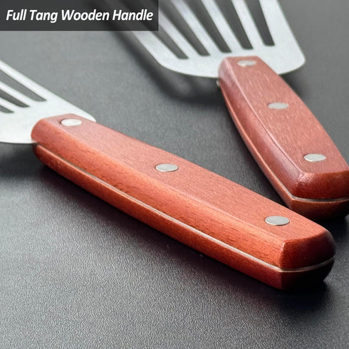 2 Pack Fish Spatula Turner - Stainless Steel Slotted Spatulas for Flipping & Grilling, Wooden Handle