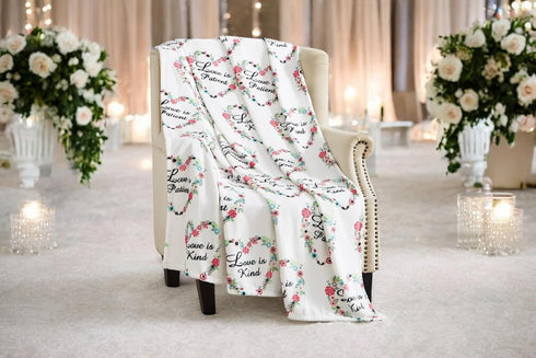 50" 60" Spring Wedding Fleece Throw Blanket: Love is Kind Patient Pink White Red Design Floral Hearts, x Velvety Soft
