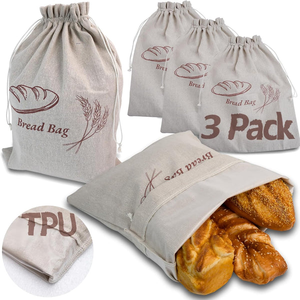 Uroibmek 3-Pack Bread Bags for Homemade Bread Sourdough with Inner Lining, Linen Breads