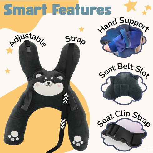 Kids Car Sleeping Pillow - X-Shaped Plush Animal for Neck & Back Support - Hands & Seat Belt Slot - Machine Washable